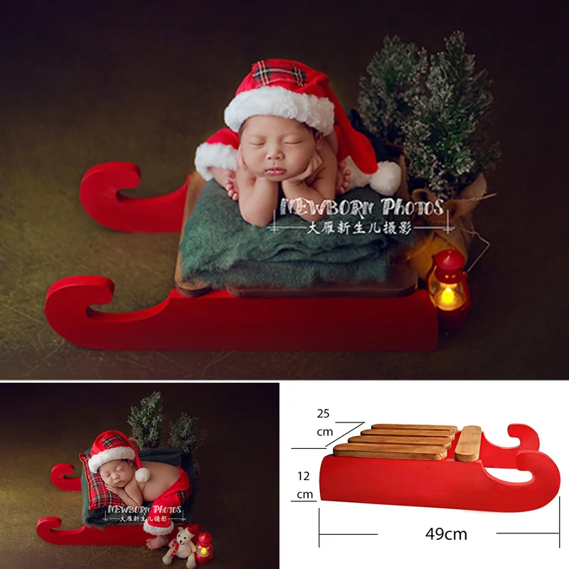 Christmas Newborn Photography Props Wooden Red Sled Christmas Outfit Pants Hat Pillow Set Baby Photo Props Accessories Boy Girl