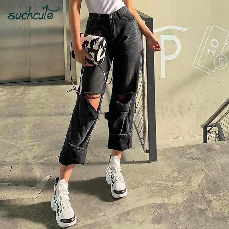 SUCHCUTE Hole Jeans Women Wide Leg Denim Pants Plus Size Punk Korean Style Trouser Casual Korean Style Harajuku Female Joggers