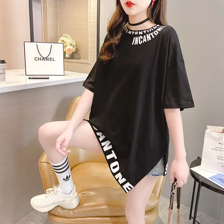 

Women's Short Sleeve T-shirt Women's Summer Korean Student Mid Long Loose Top