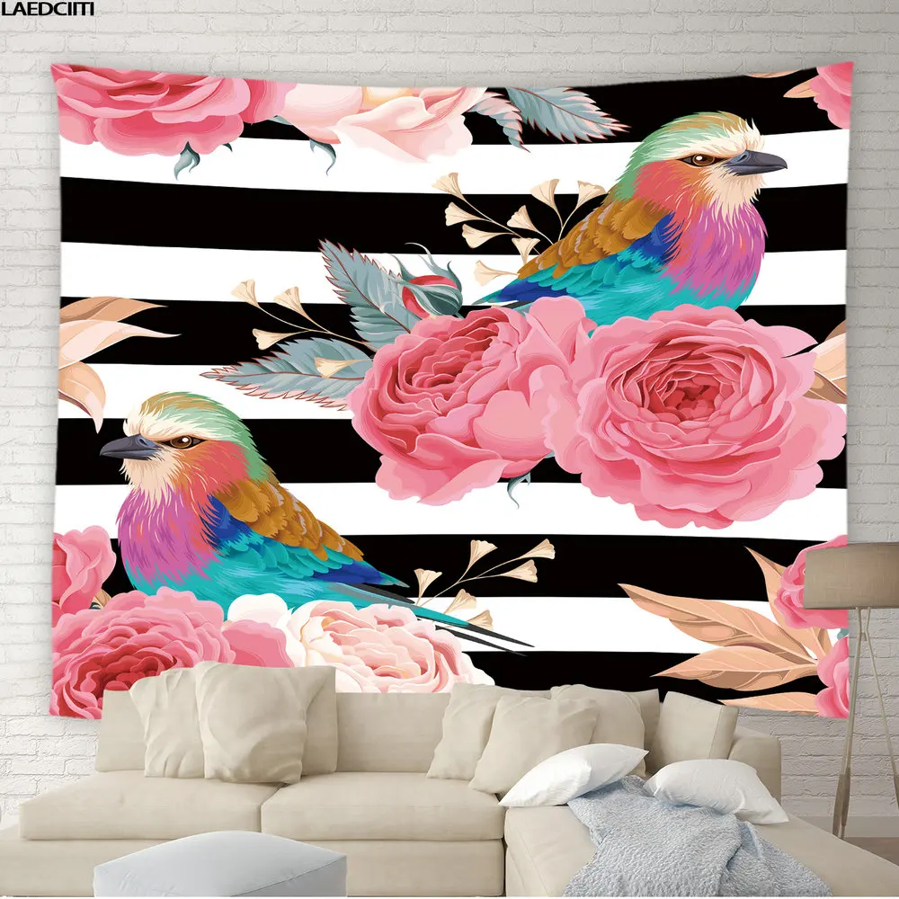 

Hippie Tapestry Black White Striped Flowers Birds Background Wall Hanging Cloth Living Room Dorm Bedroom European Home Decor