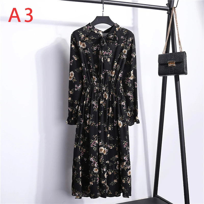 Корейская черная рубашка Vestidos для офиса в горошек, винтажные осенние платья, Женское зимнее платье, миди платье с цветочным рисунком и длинным рукавом для женщин