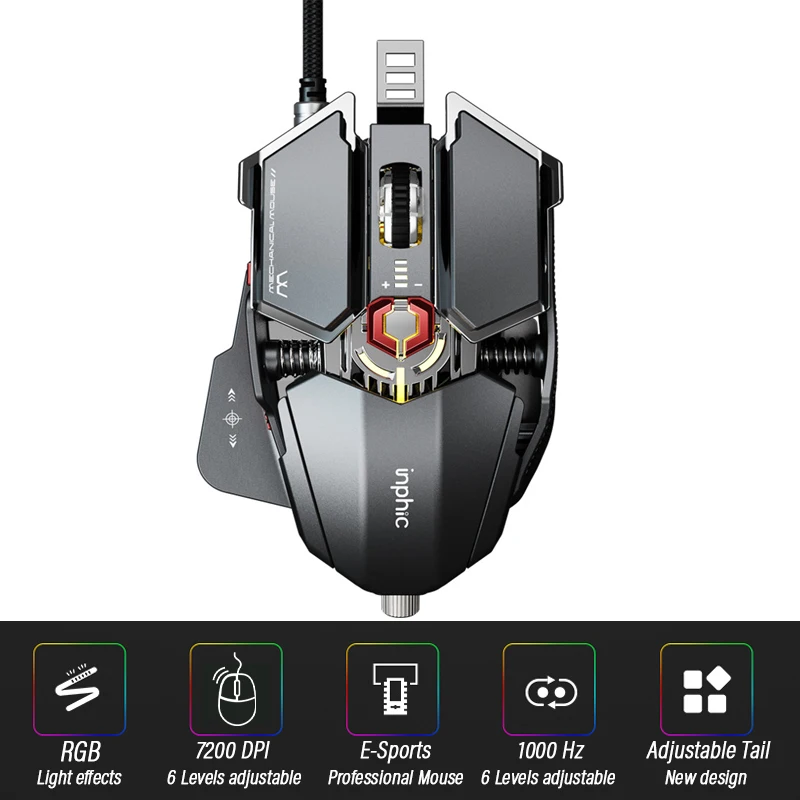 

7200DPI Ergonomic Gaming Mouse Computer-Mice Gamer Wired Laptop Usb-Cable Optical Adjustable Tail Mouse Professional Mouse Gamer