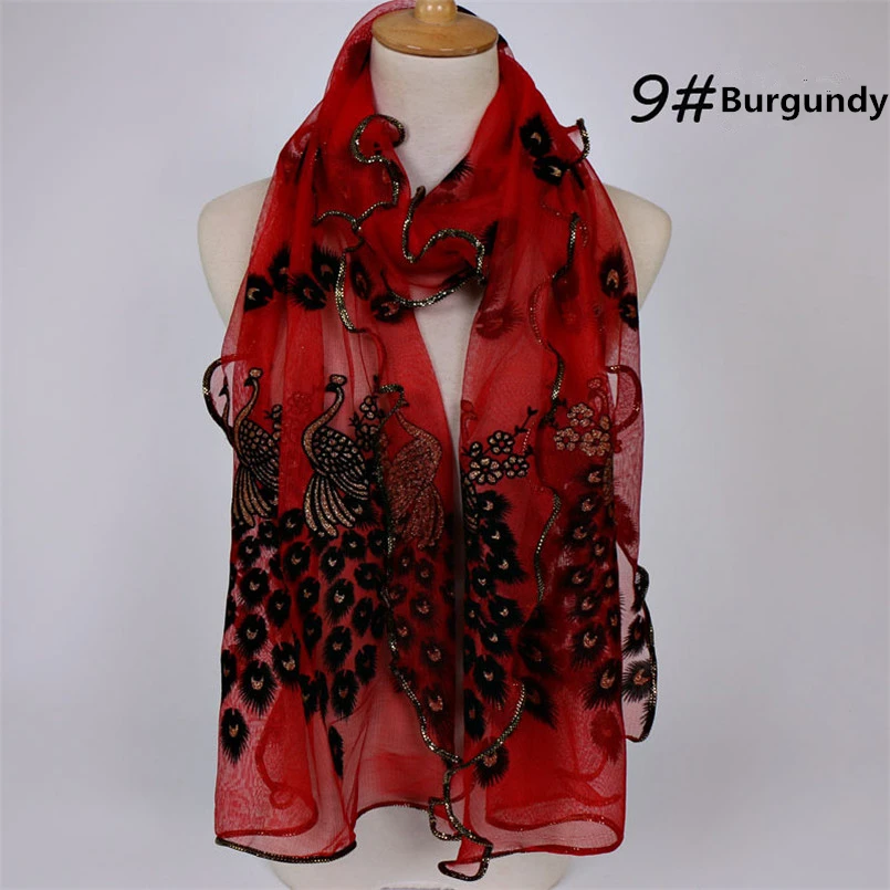 Новинка штемпелюя Золотая кружевная окантовка Тюль шарф с принтом павлин