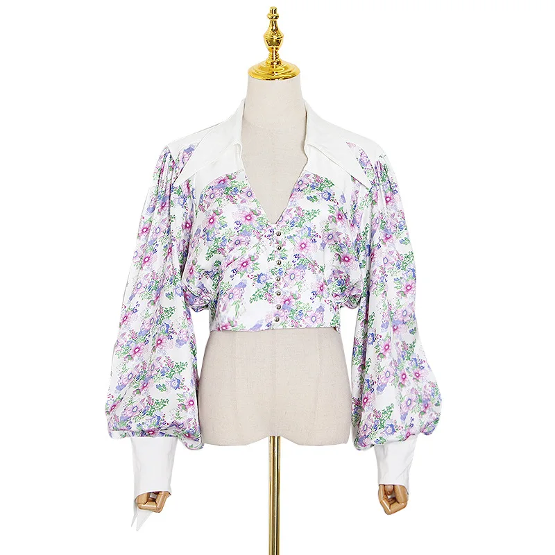 

Star with shirt women's new small fresh and elegant v-neck waist printing lantern sleeve short shirt