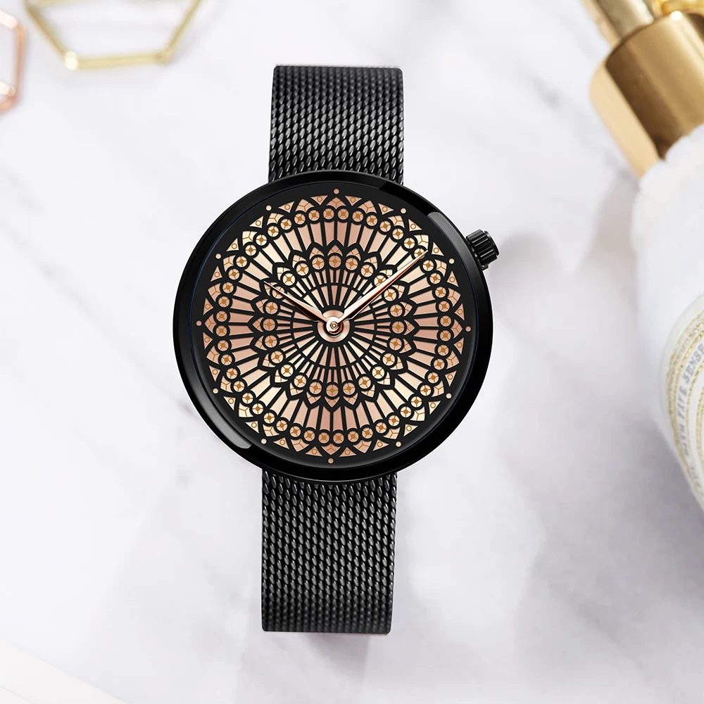 

Shengke Window Grille Dial Luxury Brand Watch Women Unique Fashion Quartz Watch Steel Mesh Inimitable Watches Relogio Feminino