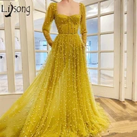 charming a line pearls prom dresses long sleeve square neck tulle evening gowns sweep train vestidos special occasion dress