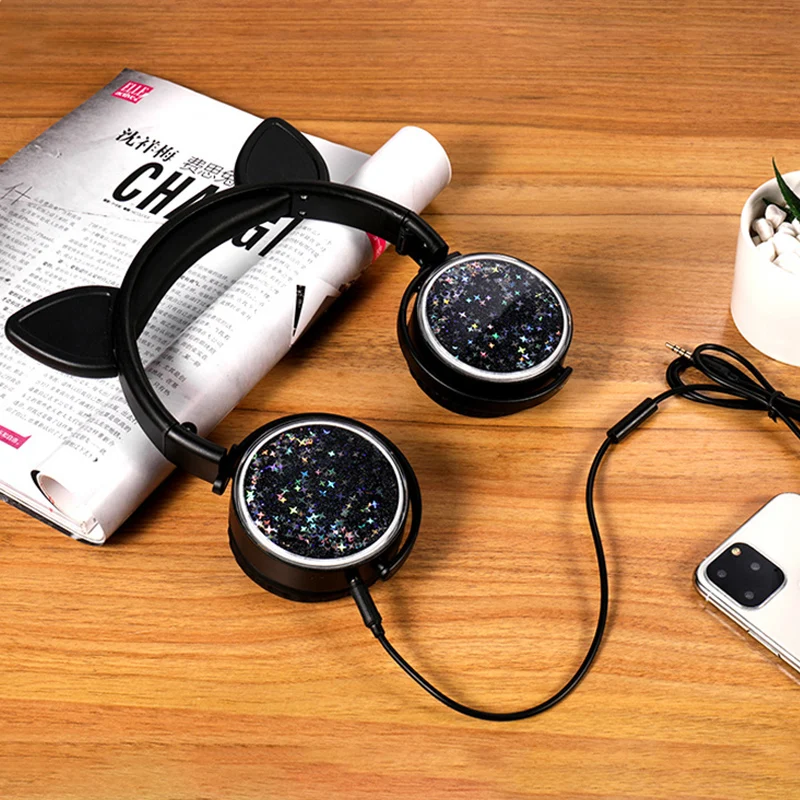 Гарнитура с кошачьими ушками жидкий зыбучий песок блестящие наушники микрофоном