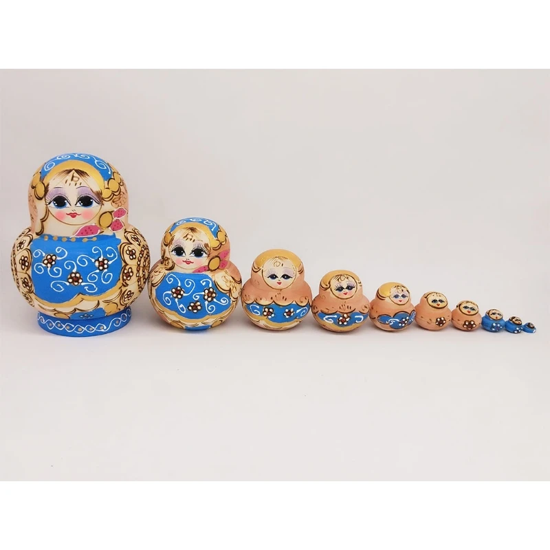 

10pcs Wooden Russia Nesting Dolls Gift Wishing Doll with Flower Matryoshka