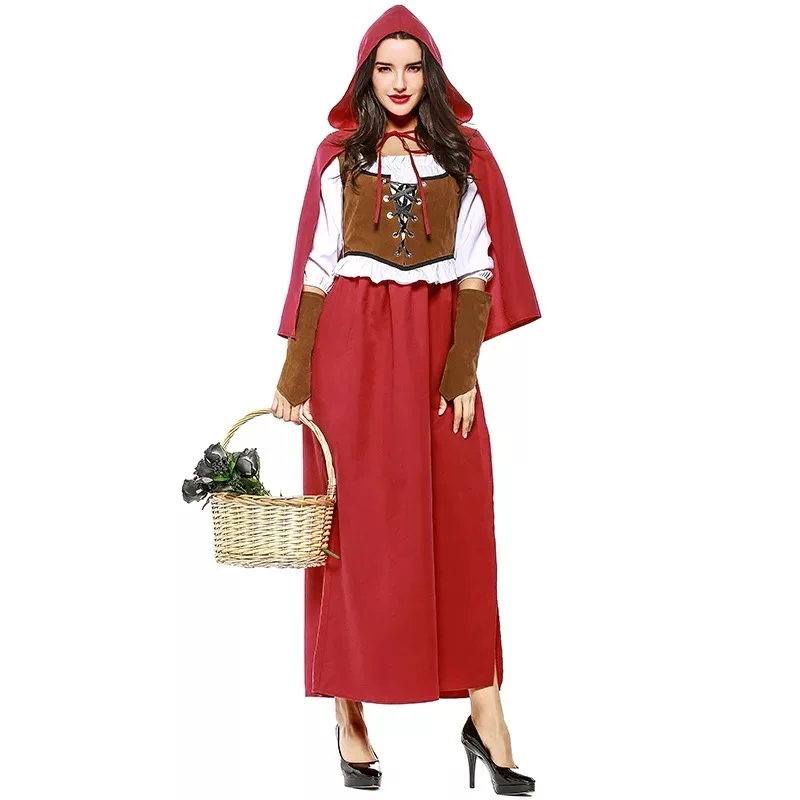 Vintage Women Halloween Little Red Riding Hood Peasant Costume Female Medieval Renaissance Outfit Steampunk Set For Ladies XXL |