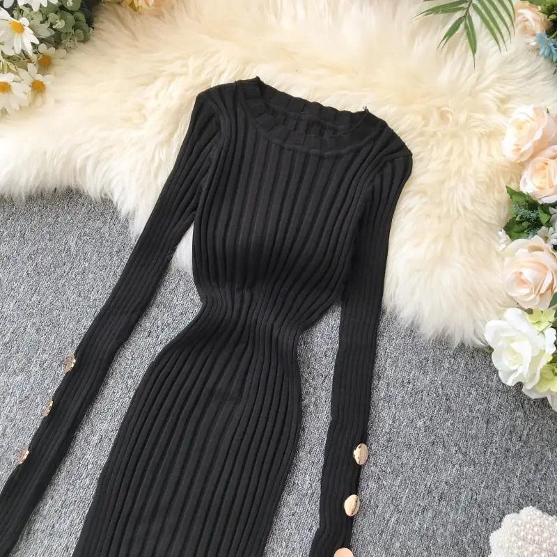 ALPHALMODA французское платье Популярные пуговицы рукав пуловеры туника платье вязаный свитер платье сплошное v-образным вырезом сексуальное платье шаг