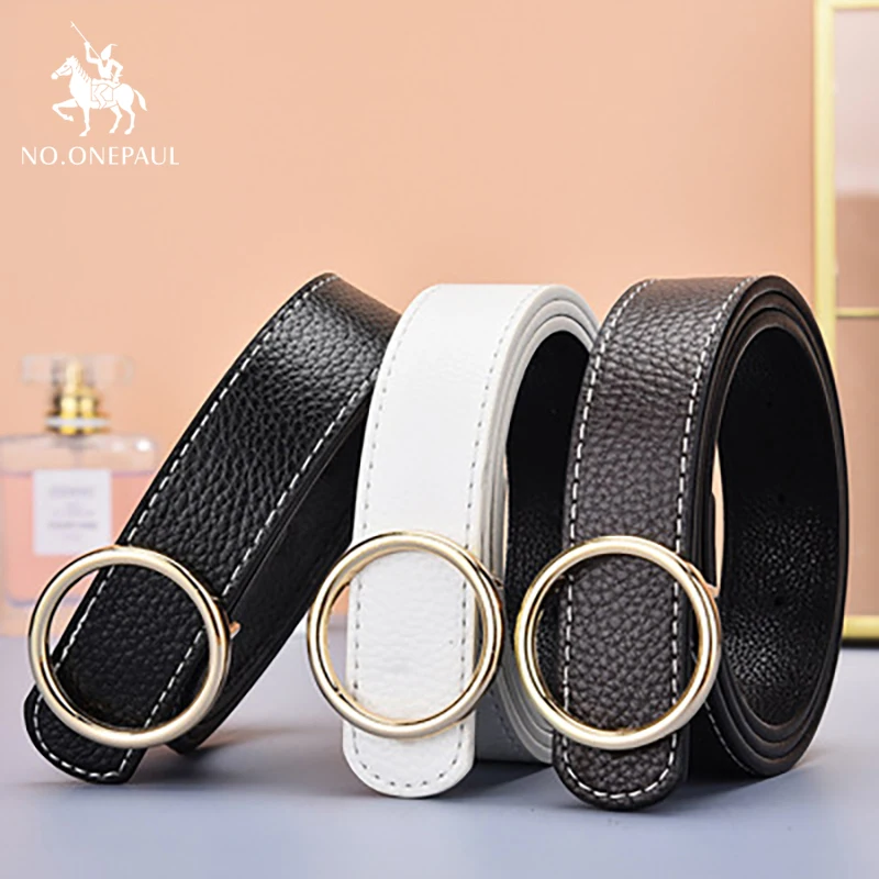 

NO.ONEPAUL wide smooth buckle belt body new female lychee pattern belt wild youth pants belt round buckle designer women belt