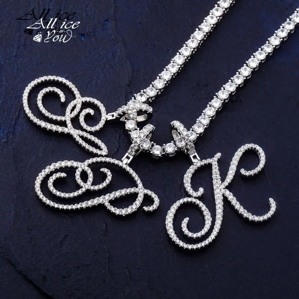 

ALLICEONYOU A-Z Cursive Letters Name Pendant&Necklace Iced Out Cubic Zircon Charm Hip Hop Jewelry For Gift With 4mm Tennis Chain