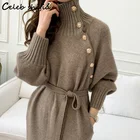 Женское вязаное платье-свитер SHIJIA, элегантное винтажное свободное платье-водолазка в Корейском стиле, трикотажная одежда с золотыми пуговицами для осени, 2021