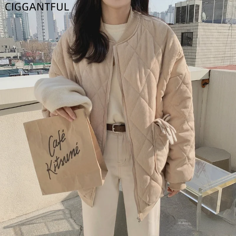 

Corduroy Rhombus Plus Cotton Jacket Women Winter Retro Stand Collar Loose Student Warm Padded Coat Long Sleeve Casual Outwear