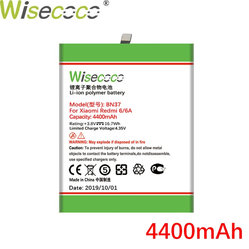 Wisecoco BN37 4400 мАч новая производственная батарея для Xiaomi Redmi 6 Redmi 6A телефон Высокое качество Ремонт Замена+ номер отслеживания