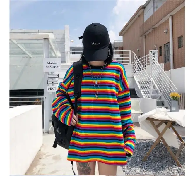 Fashion Rainbow Stripe T Shirt Spring Autumn Harajuku Girls Shirt Long Sleeve Oversized Tshirt Woman Korean Tops Feminine