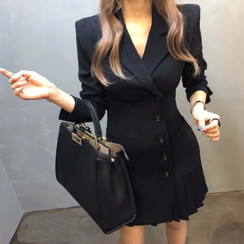 

CMAZ Korean Style Autumn Clothing Small Suit Jacket Women's Mid-Length Pleated Long-Sleeved Dress New OL Slim Fit Slimming Skirt
