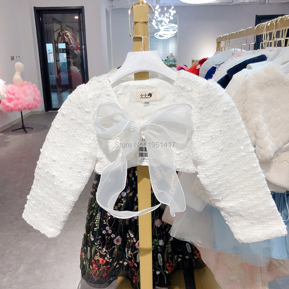 

White Kids Girls Long Sleeve Lace Flower One Clasp Closure Bolero Shrug Cardigan Top Wedding Party Flower Girl Dress Wraps Cape