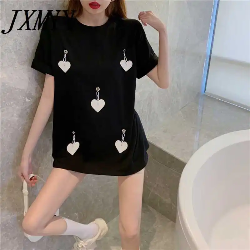 

ICCLEK Love Jewelry Casual Fashion New Product Design Sense Niche Loose Round Neck Short-Sleeved T-Shirt Ladies All-Match Top I