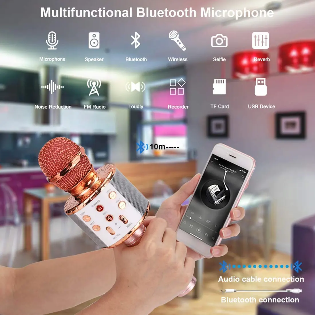 Беспроводной микрофон с функцией записи для караоке 4 в 1 Bluetooth-совместимый ручной