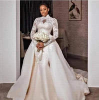 high neck mermaid wedding dresses with detachable skirt 2022 long sleeves lace appliqued luxury african bridal gown robes de