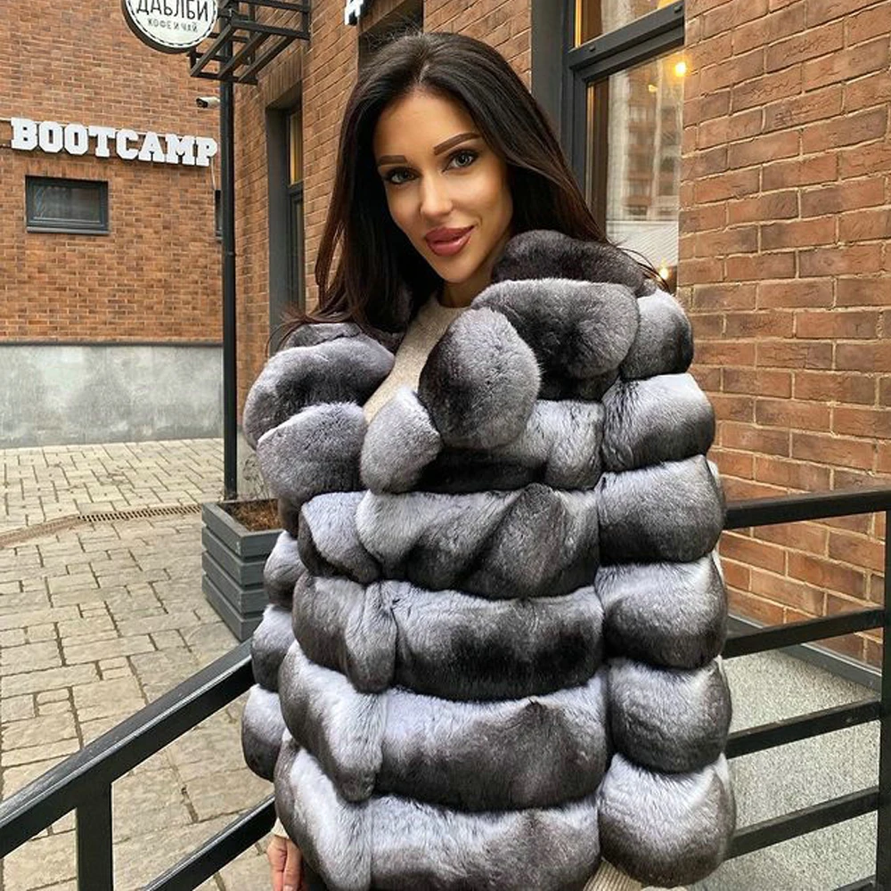 Women Genuine Rex Rabbit Fur Coat Turn-down Collar Natural High Quality Chinchilla Color Real Rex Rabbit Fur Jacket Short Outfit
