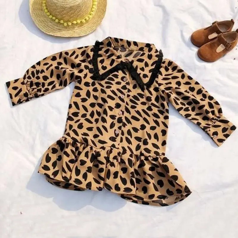 1-6years Bohemia Style Leopard Shirt Dresses For Girls Fashion Clothes Long Sleeve Brown Dress Clothing Kids | Детская одежда и