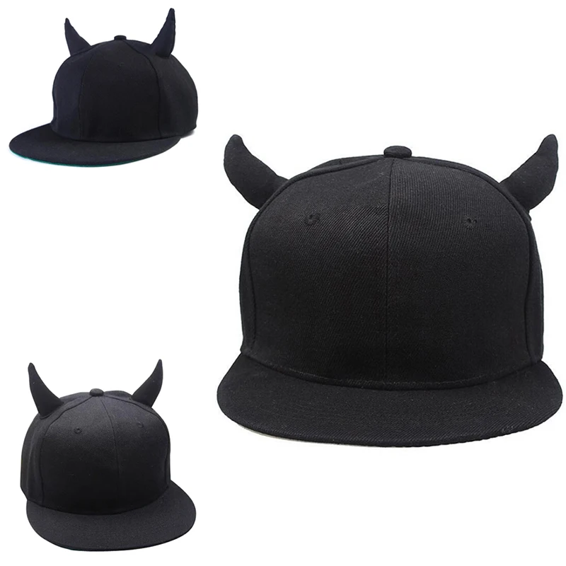 

Men Women Hip-hop Hat Black Cotton Punk Horn Baseball Cap Snapback Cap With Horns Wholesale