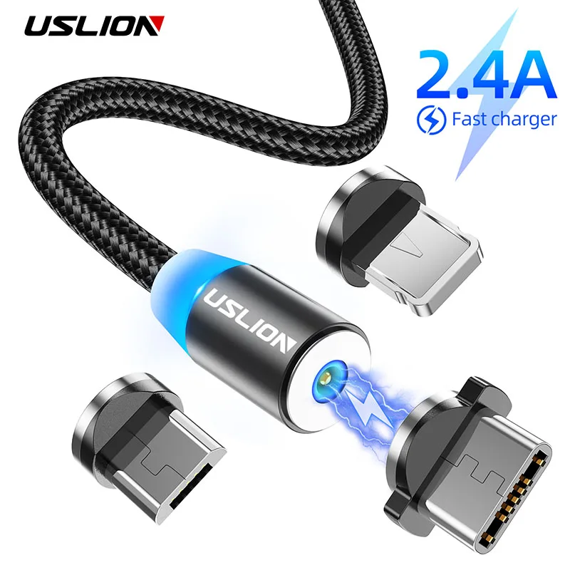 

Магнитный зарядный кабель USLION 2 м со светодиодной подсветкой, USB-шнур для зарядного устройства, зарядный кабель Micro Type-C для iPhone 12, Xiaomi, Магнитн...