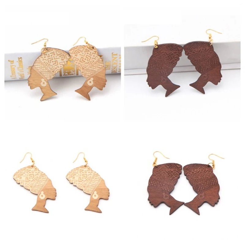 Simple Africa Wooden Earrings Geometric Female Portrait Light Weight Drop Dangle For Women Fashion Jewelry | Украшения и