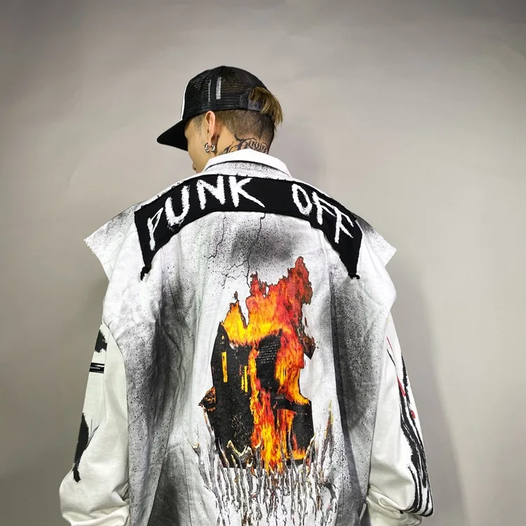 UNCLEDONJM джинсовая куртка с огненным принтом летняя мода свободный джинсовый жилет