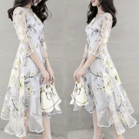 women o neck 34 mesh sleeve floral print large swing double layer midi dress