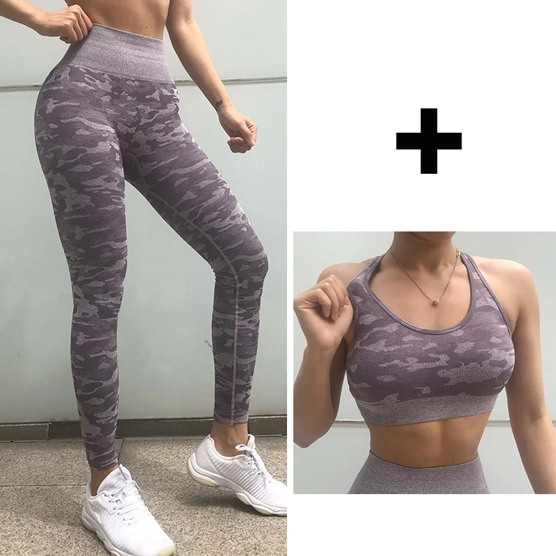 Purple Set Женские Бесшовные штаны для йоги, высокая талия, Спортивные Леггинсы, для тренажерного зала, фитнеса, тренировки, камуфляжные, длинные колготки для бега, для девушек, сексуальные, попки - Цвет: Purple Set