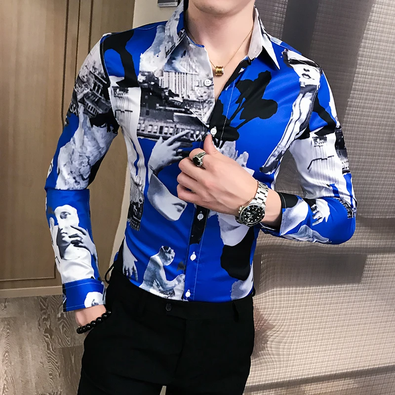 2020 Latest Luxury fashion brands Newspaper printing Streetwear Casual Men Shirts Slim Fit Long Sleeve Party Mens shirts | Мужская