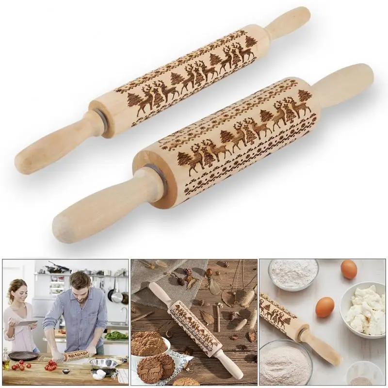 

Christmas Embossing Rolling Pin Baking Cookies Noodle Biscuit Fondant Cake Dough Engraved Roller Reindeer Snowflake