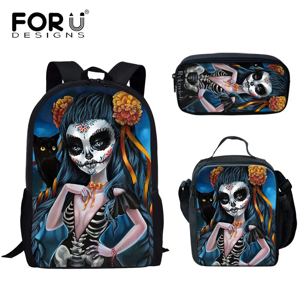 

FORUDESIGNS Gothic Skull Girls Pattern Backpack for Teenagers Casual Student SchoolBags Set Lunch Bags Pencil Bags 3Pcs Mochila