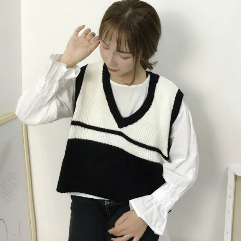 

Sweater Vest Women Patchwork Knitted Preppy-style Vintage V-neck Baggy Sleeveless Autumn Striped Sweaters Korean-style Jumpers