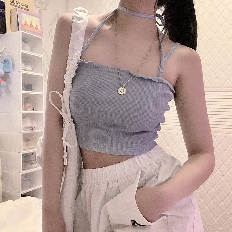 Camisoles женские летние трикотажные короткие топы с двойными бретельками на