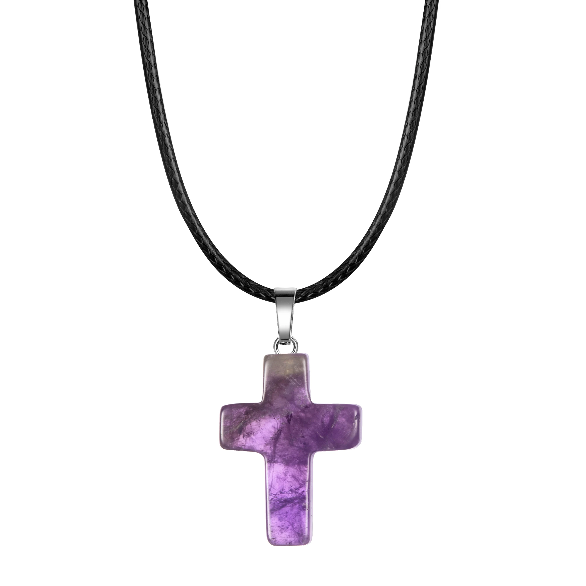

Natural Stone Cross Pendant Necklace Women Men 18inch Black Leather Cord Custom Crystal Choker Chakra Jewelry Silver Findings