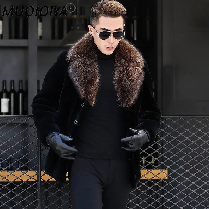 

MUOIOYIA Men Real Pure Natural Fur Coat Mens Real Raccoon Fur Collar Jackets Luxury Sheep Shearling Fur Coats DXL1642 MY744