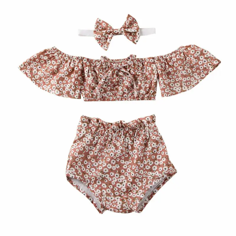Летняя одежда для маленьких девочек топ и шорты с цветочным принтом летняя 2020 |