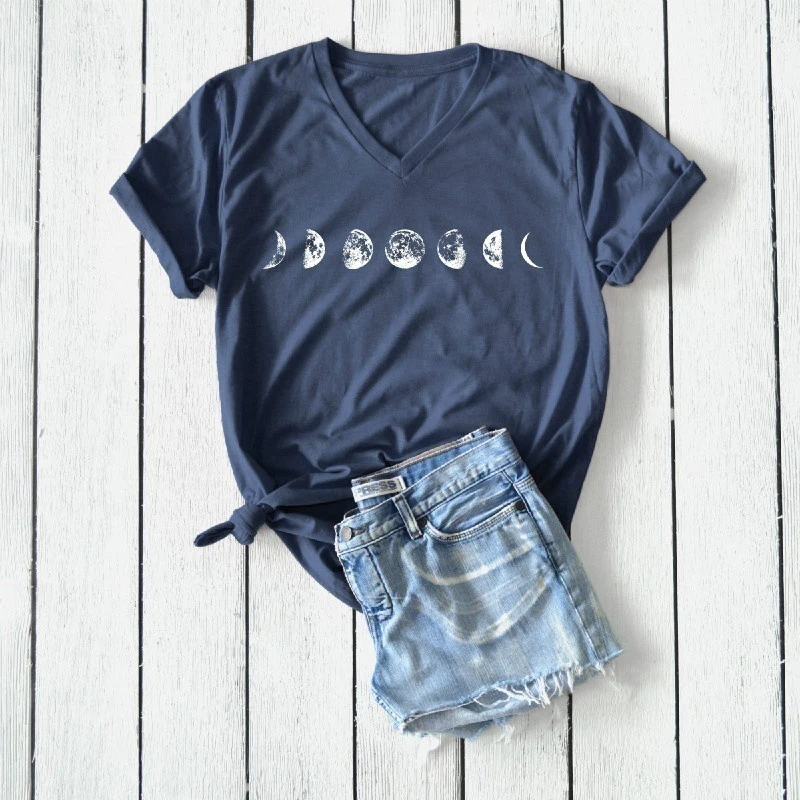 

2021 new Plus Size Tshirt S-5XL New Moon Print T Shirt Women Cotton V Neck Short Sleeve T-Shirt Tops Summer Casual tee Shirts