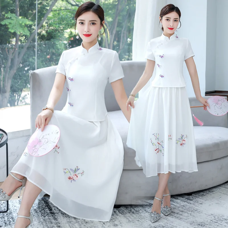 Женское платье-Ципао костюм из двух предметов летний женский в китайском стиле с