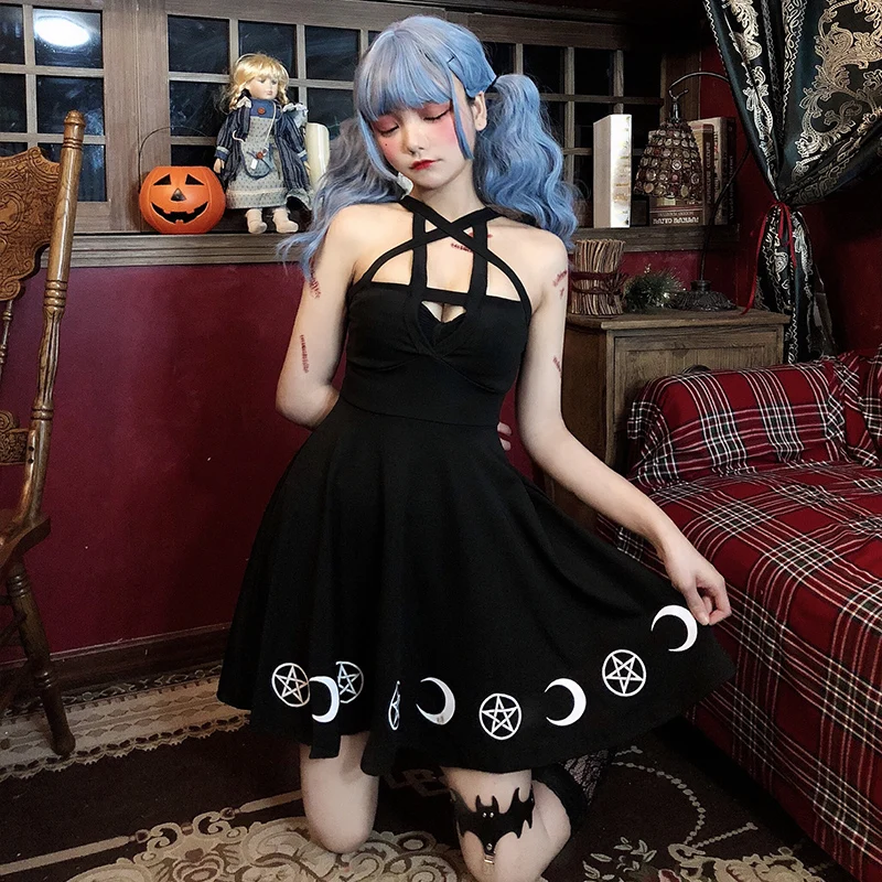 Готическое платье на Хэллоуин винтажное с принтом росы плече в стиле панк