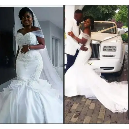 

Африка атласная Свадебные платья Русалочки размера плюс с открытыми плечами и кружевной аппликацией, со шнуровкой на спине Бисер размера п...