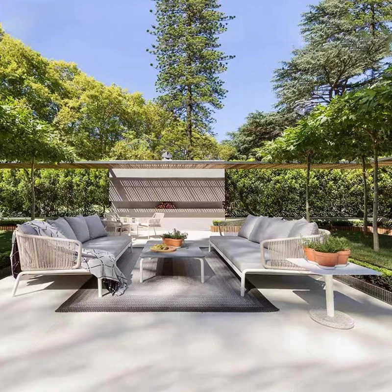 Nordic outdoor rattan leisure sofa courtyard garden terrace chair balcony villa three person tea table combined | Мебель