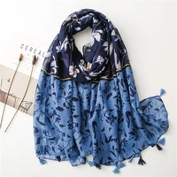 2020 women autumn fashion navy blue aztec floral viscose shawl scarf print wrap cotton snood bufandas muslim hijab 18090cm