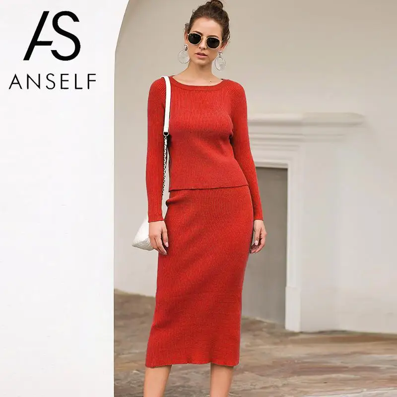 Элегантное женское платье из двух частей комплект вязаный свитер с длинными