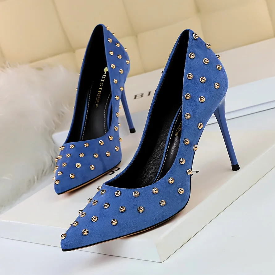 2020 Fashion Women 9cm High Heels Female Stiletto Blue Pumps Lady Elegant Luxury Green Pointy Rivets Scarpins Studded Red | Обувь
