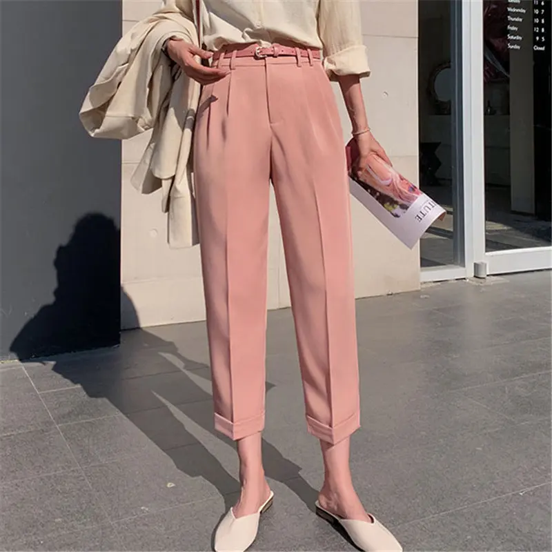 

Hot Thin Office Lady Brief New Chic All Match Vintage 2021 Solid Women Slender Loose High Waist Plus Straight Pants